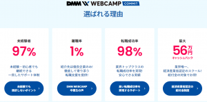 DMM WEBCAMP COMMIT　選ばれる理由　未経験者　離職率　転職成功率　キャッシュバック